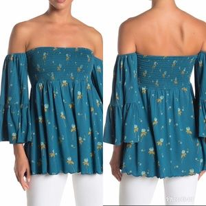 Free People Teal Floral Off-Shoulder Bell-Sleeve Top